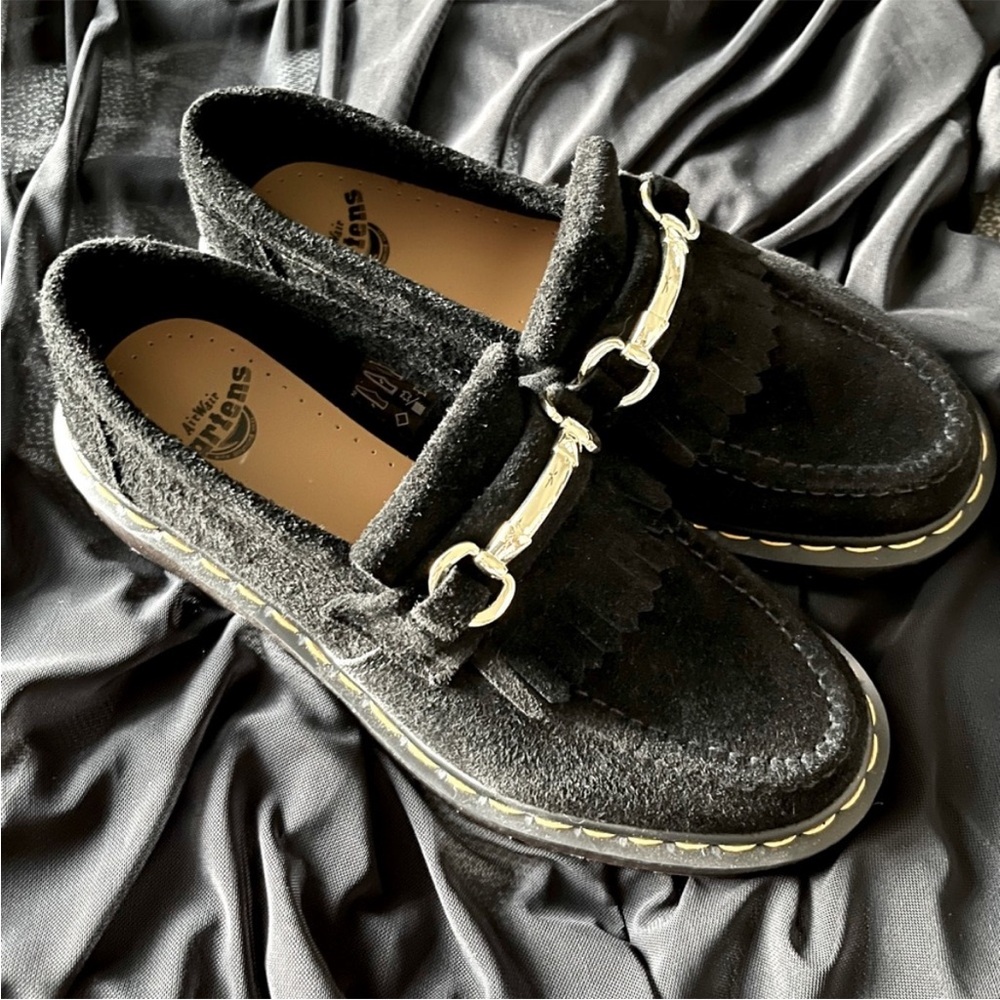 Dr. Martens Black Suede Snaffle Loafers with Gold Accent